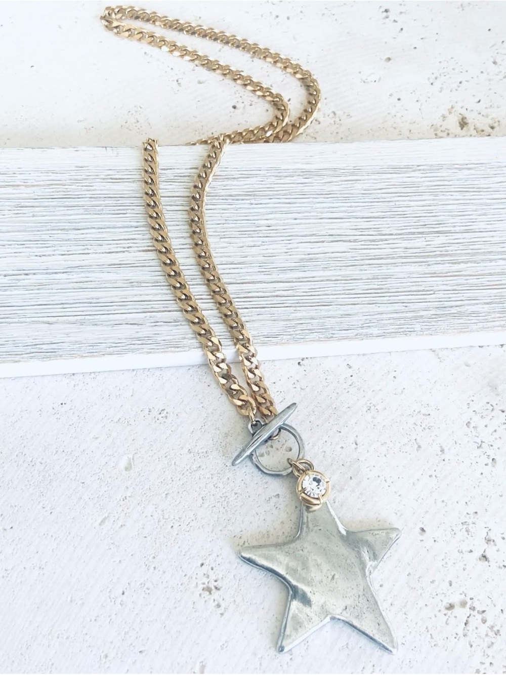 Two-Toned Star Pendant Necklace Gold Chain with Silver Star and Crystal 18 Inch
